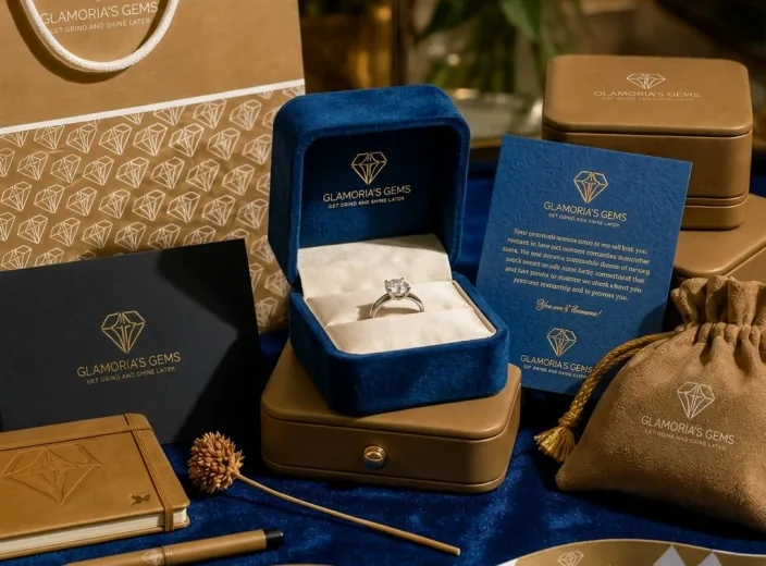 Glamoria's Gems diamond ring presented in a gift box